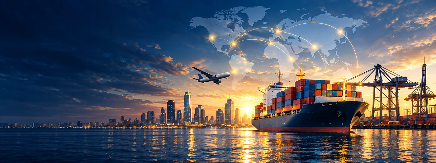 A container ship leaving port at sunrise beneath global trade routes