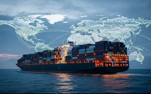 International trading — a container ship crossing a mapped world