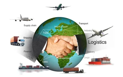 A handshake across a globe surrounded by air, sea and road freight